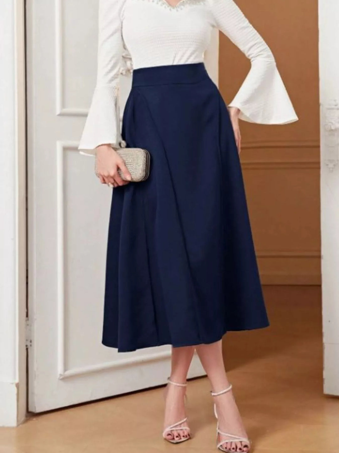 High-waist A-line midi skirt with wide waistband