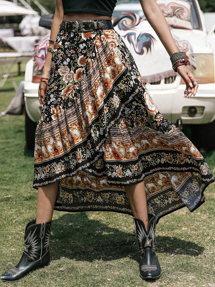 Black Plus size boho floral high-low midi skirt