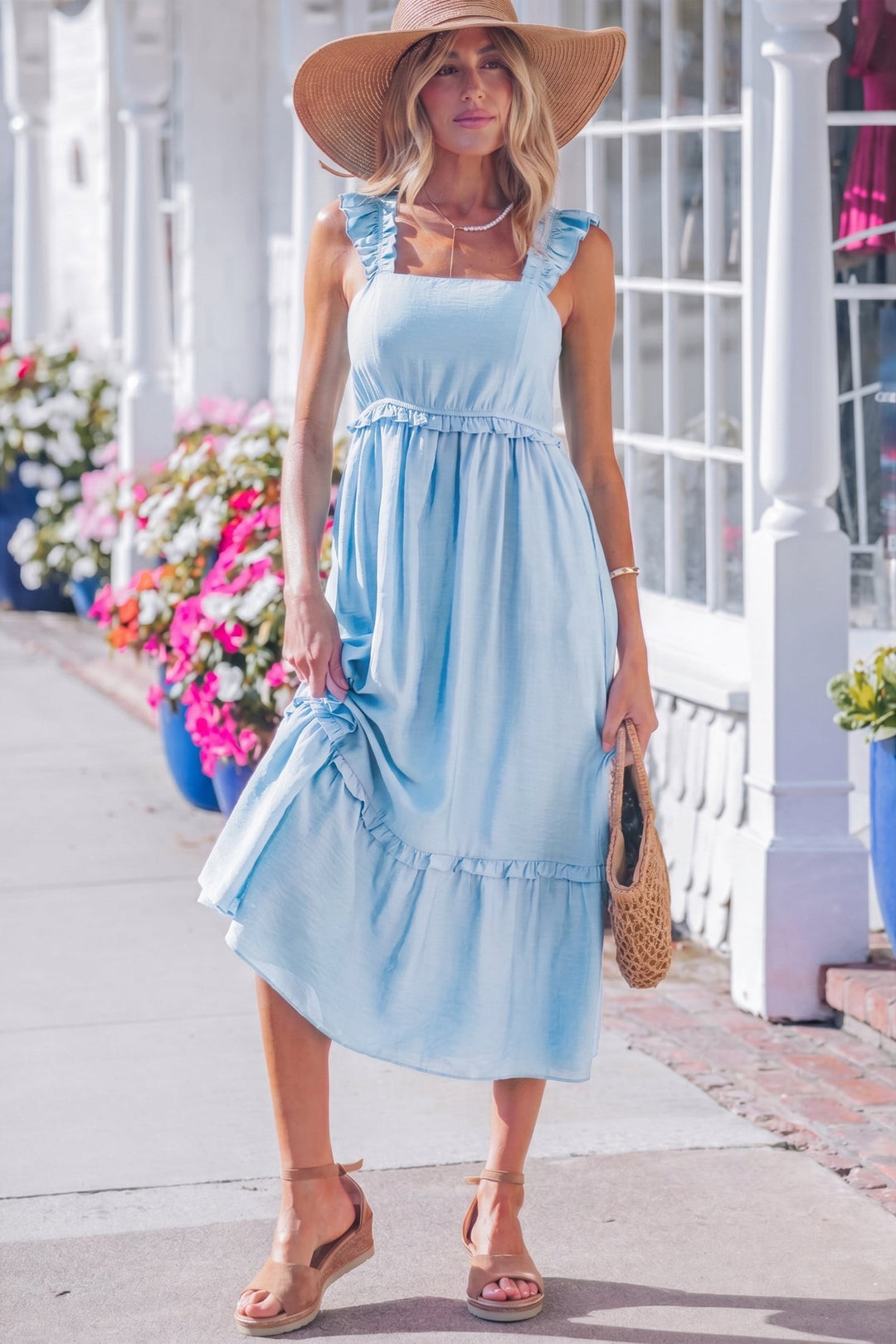 Ruffle strap tiered maxi dress with square neckline