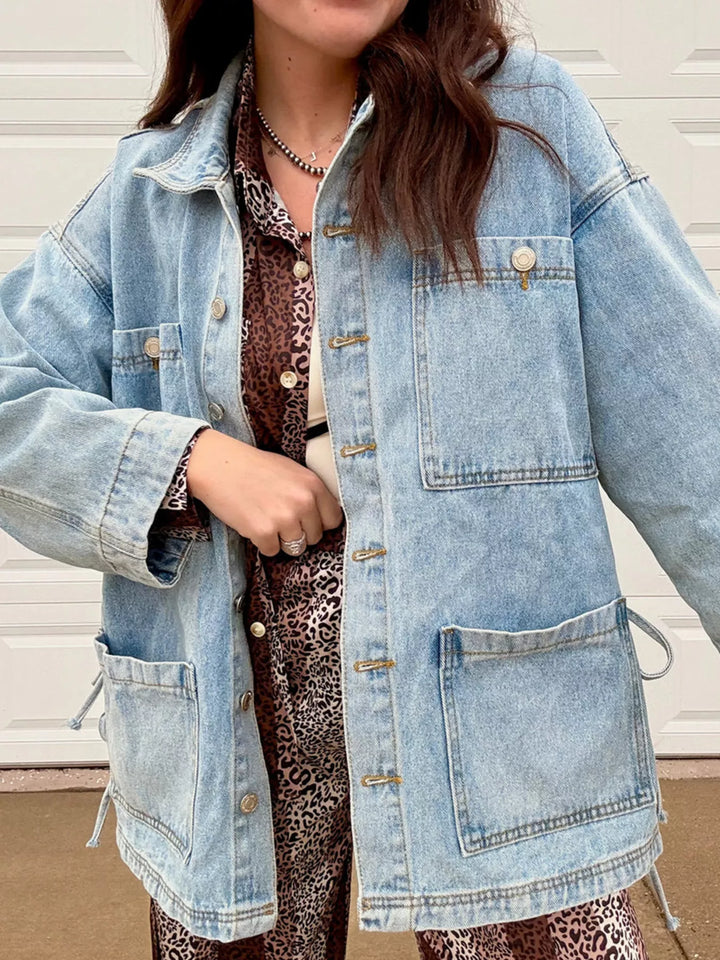 Medium Oversized denim jacket with patch pockets and side ties
