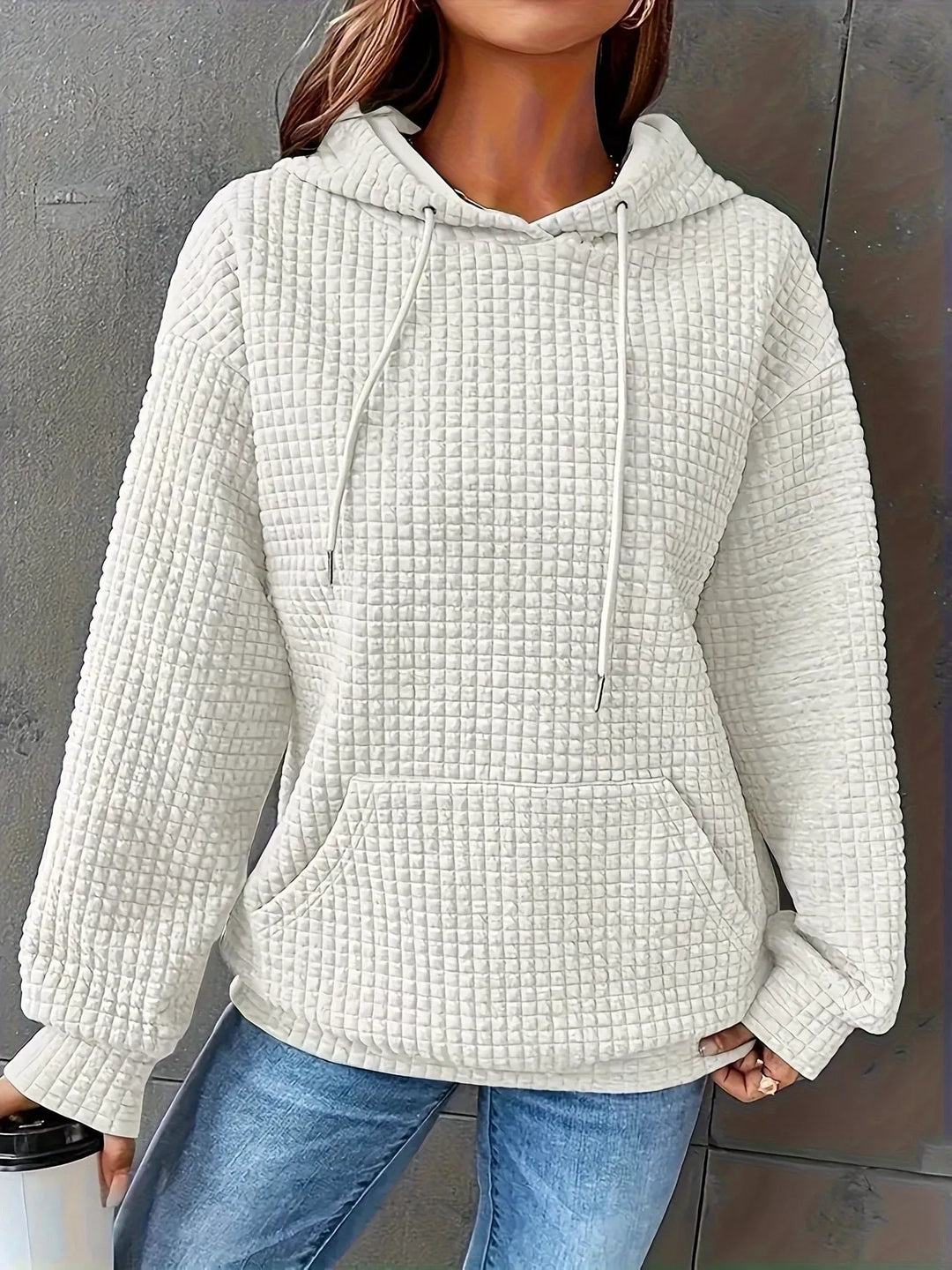 Textured waffle knit drawstring hoodie with kangaroo pocket