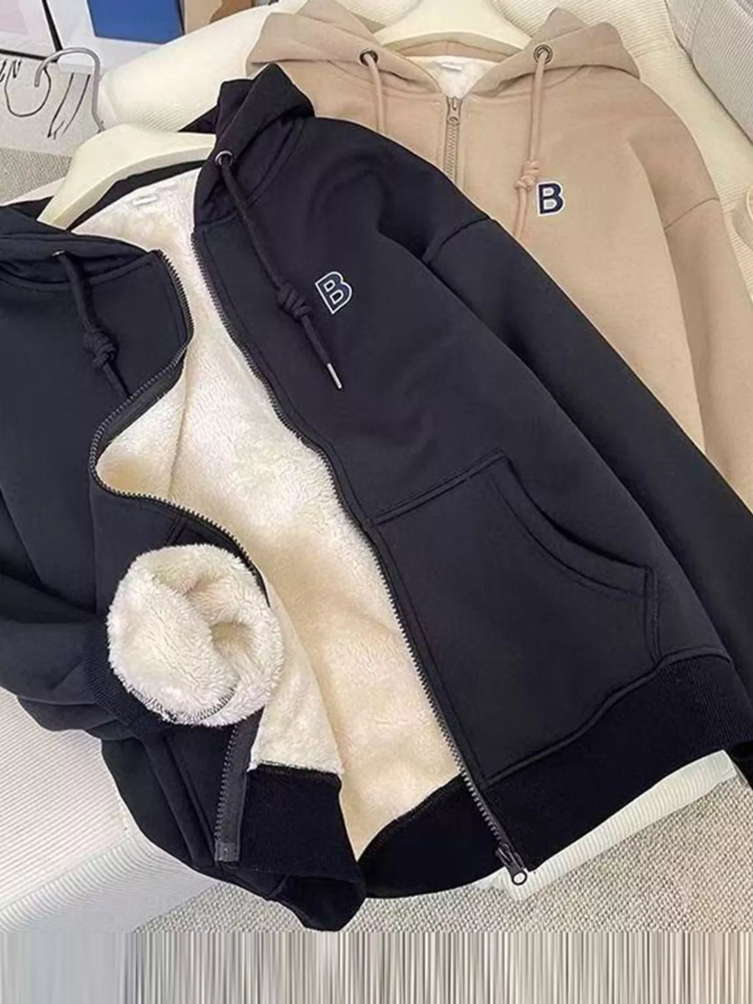 Black Fleece-lined zip-up hoodie with drawstring hood
