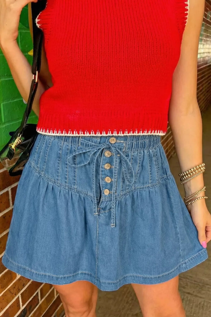 Dusty Blue Tie-waist button-front denim mini skirt with ruffle hem