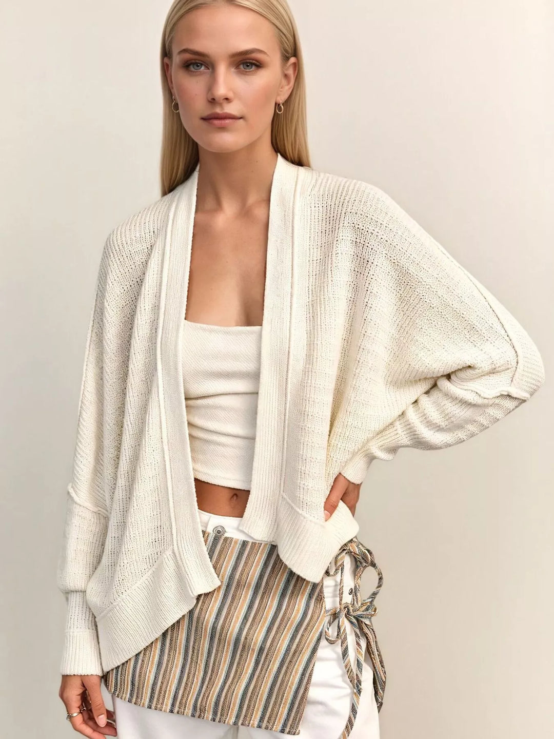 Apricot Open-front waffle knit cardigan with ribbed cuffs