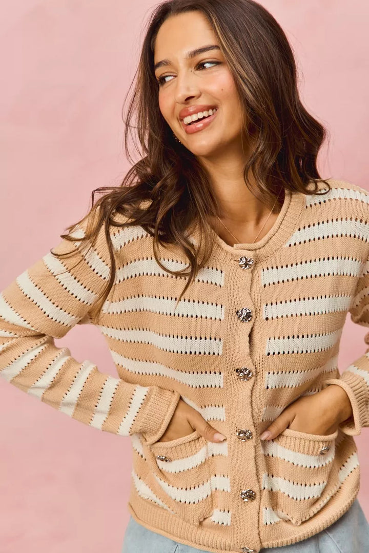 Striped openwork knit cardigan with jeweled buttons