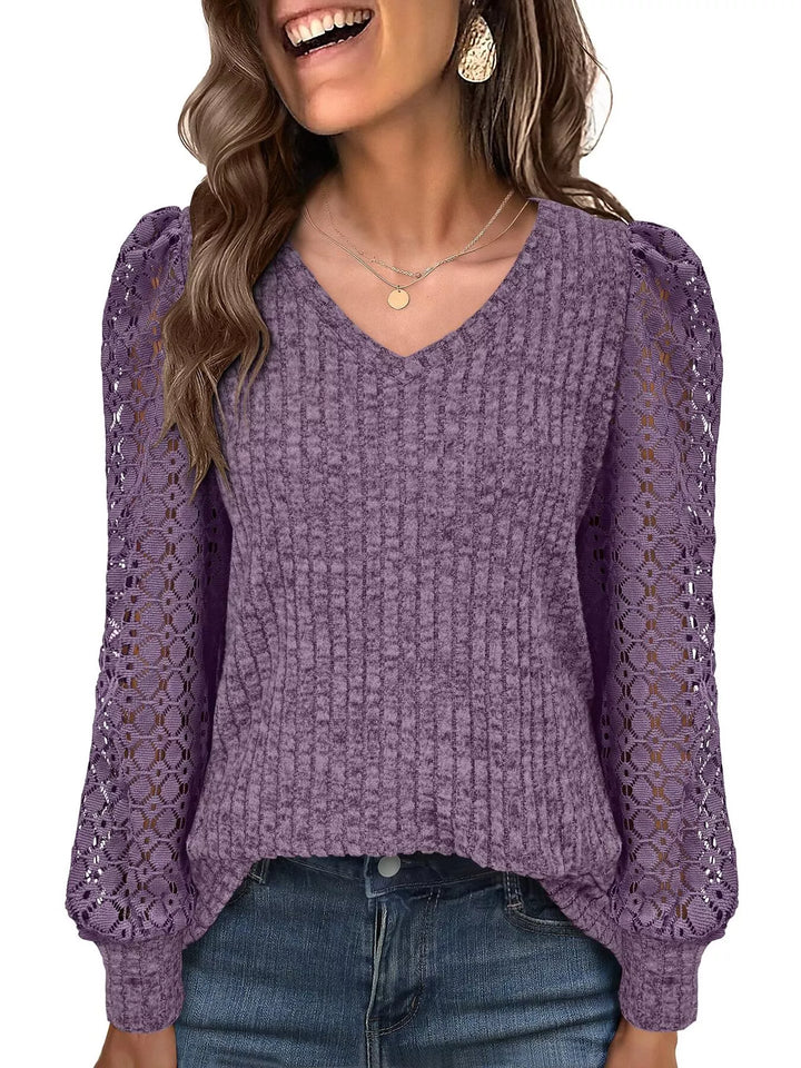 Sheer lace sleeve ribbed knit V-neck top