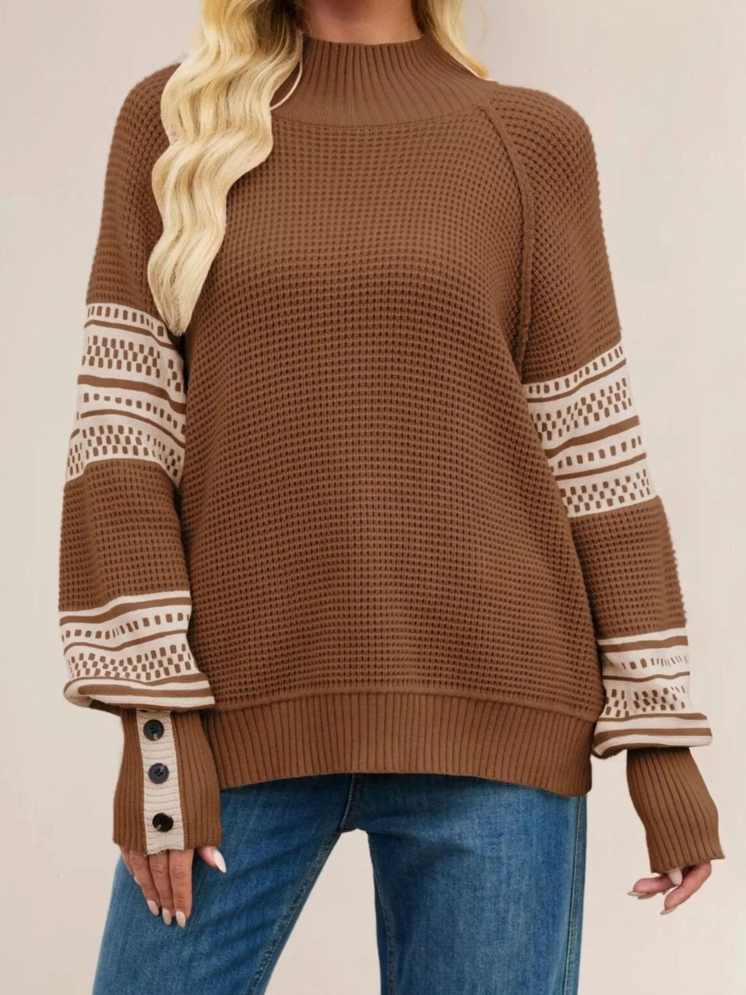Color-block waffle knit mock neck sweater with button cuffs