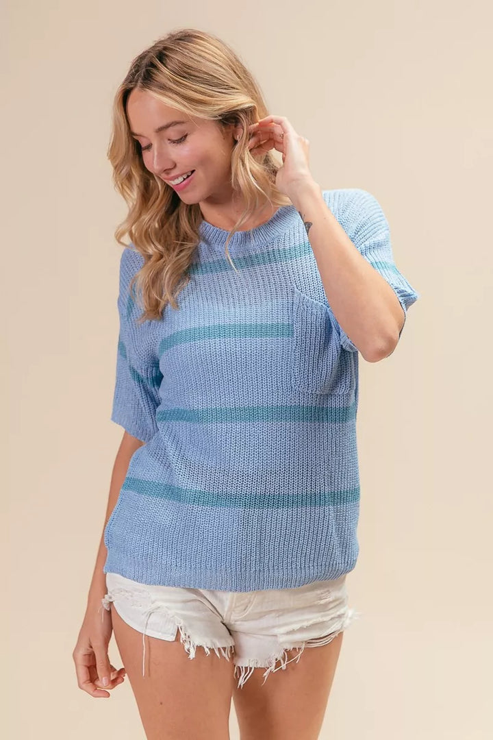 Striped short-sleeve knit sweater top with patch pocket