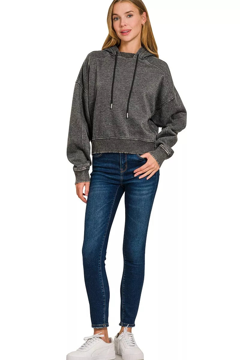 Acid wash cropped fleece hoodie with ribbed hem