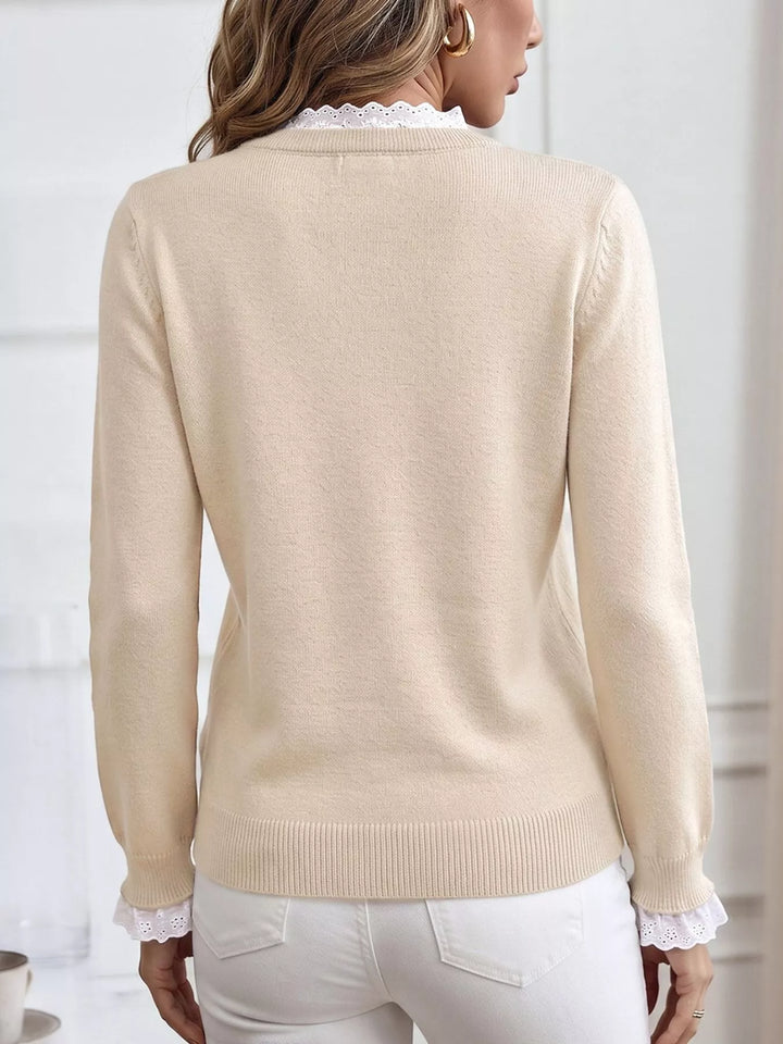 Lace trim crew neck knit sweater with ribbed cuffs