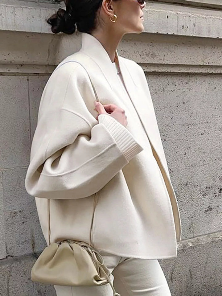 Dropped-shoulder open-front cropped jacket with shawl collar