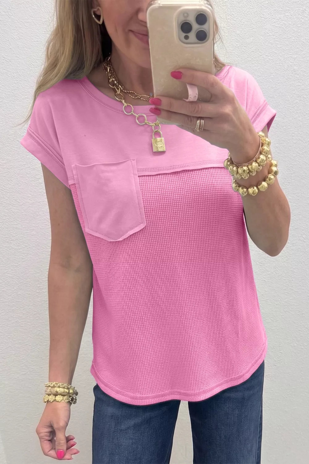 Waffle knit patchwork raw seam pocket tee