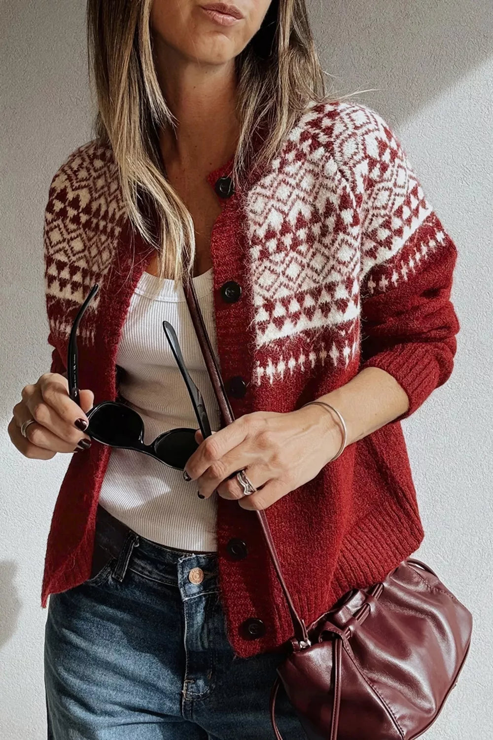 Fair isle geometric knit button-front cardigan