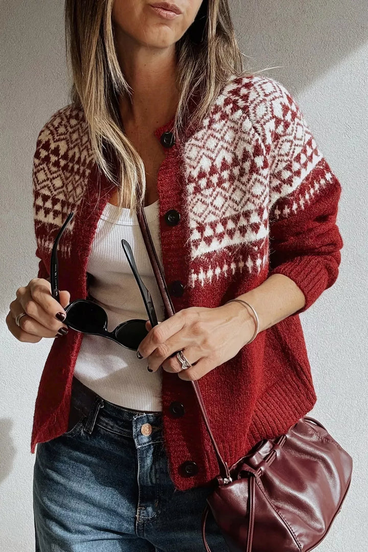Fair isle geometric knit button-front cardigan