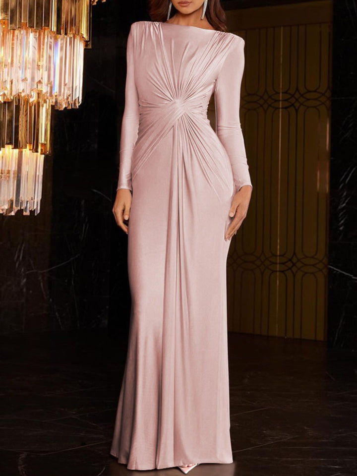 Pink Ruched Knot Front Long Sleeve Maxi Dress