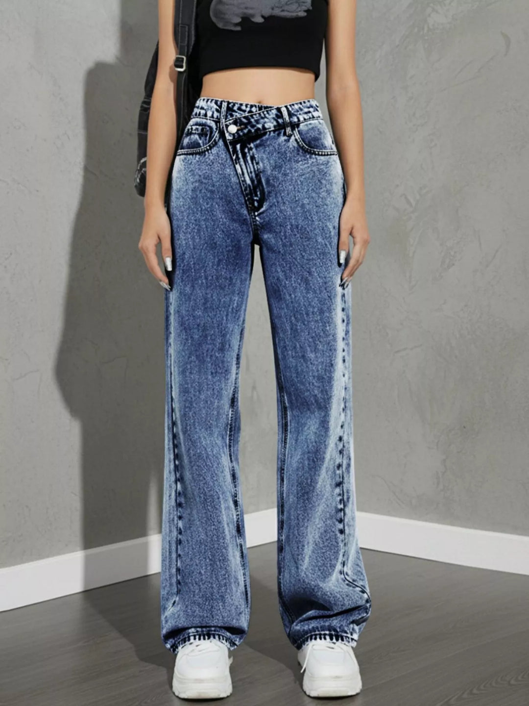 Asymmetric crossover high-rise wide leg jeans