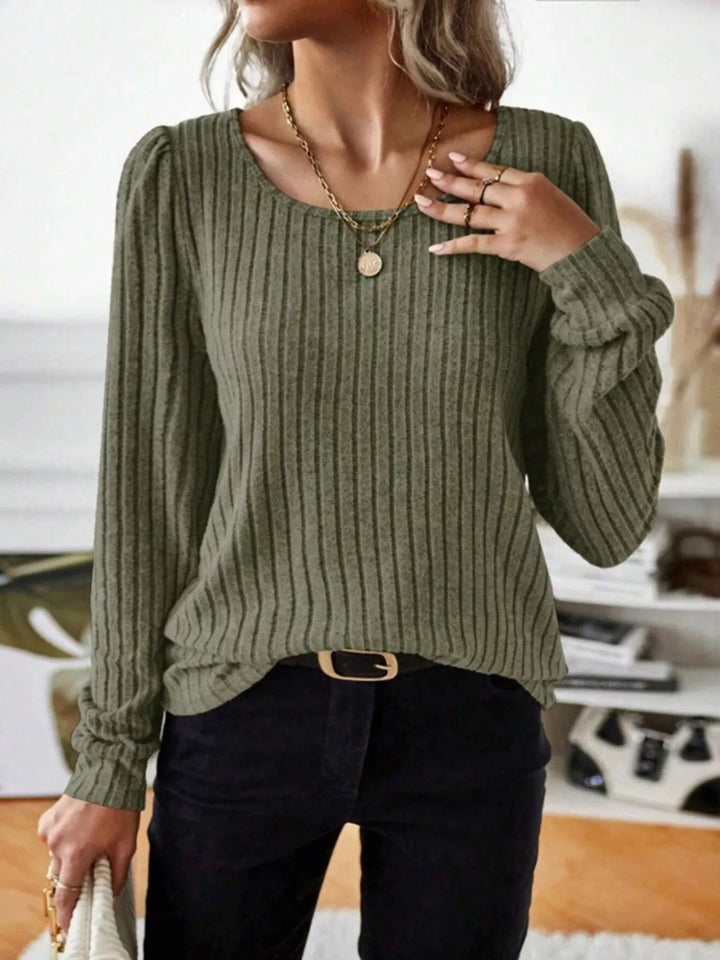 Green Ribbed knit scoop neck long sleeve top
