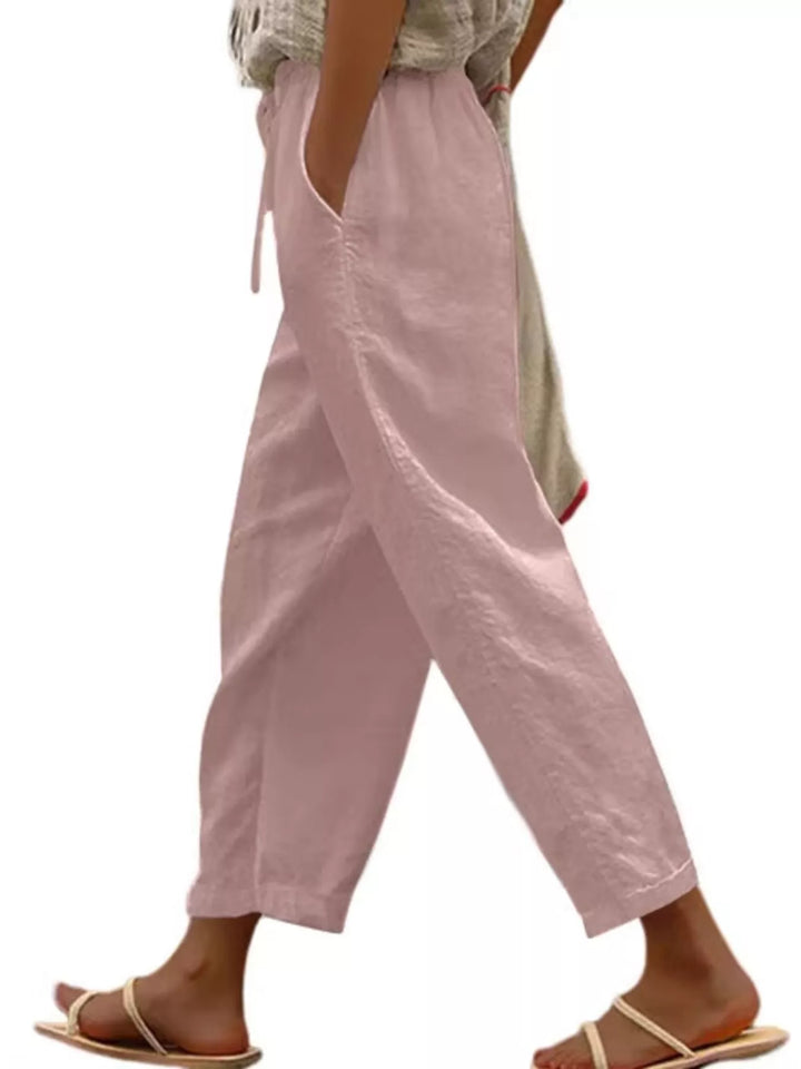 Dusty Pink Drawstring linen-look cropped pants with side pockets