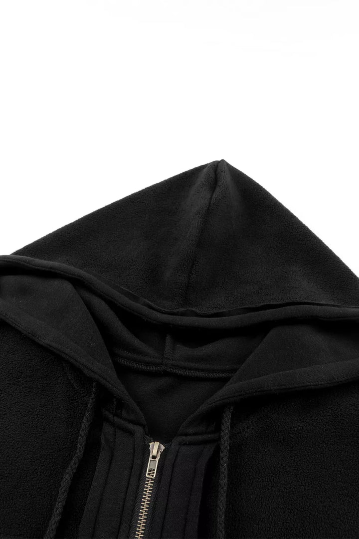 Zip-up hooded fleece jacket with flap pockets