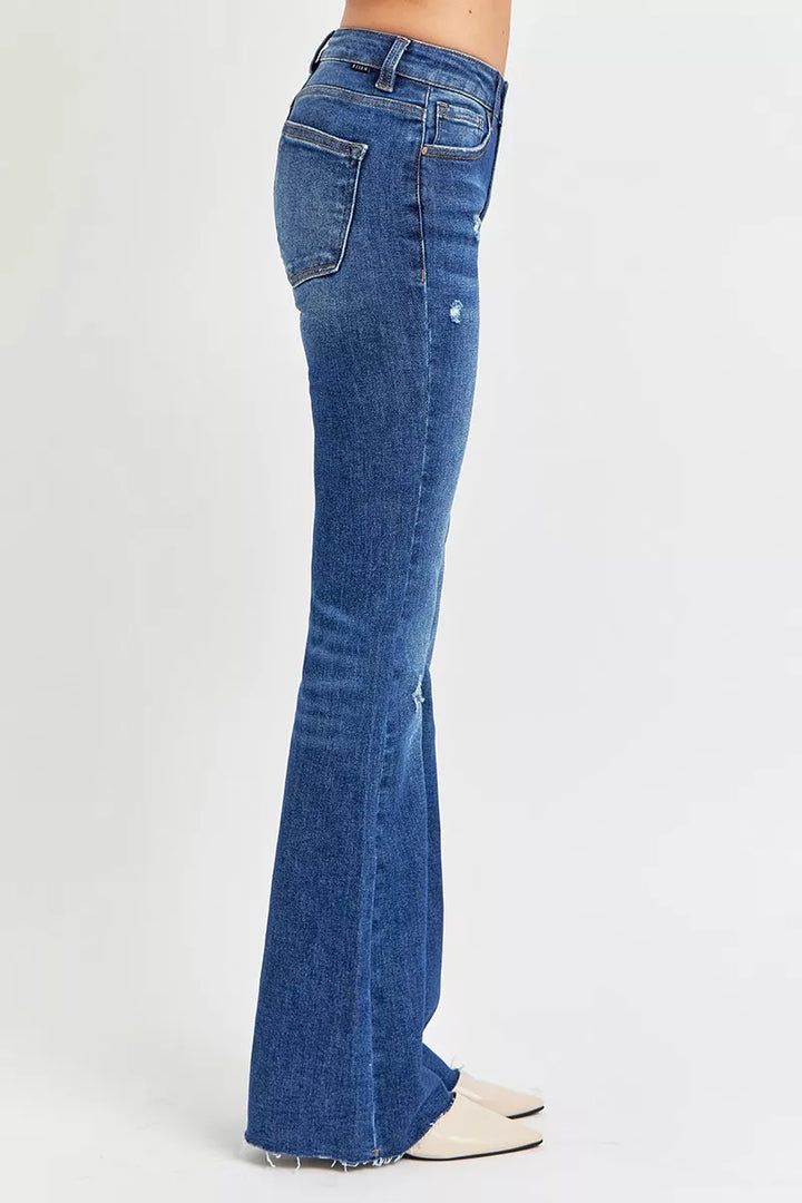 Distressed mid-rise flare jeans with raw hem