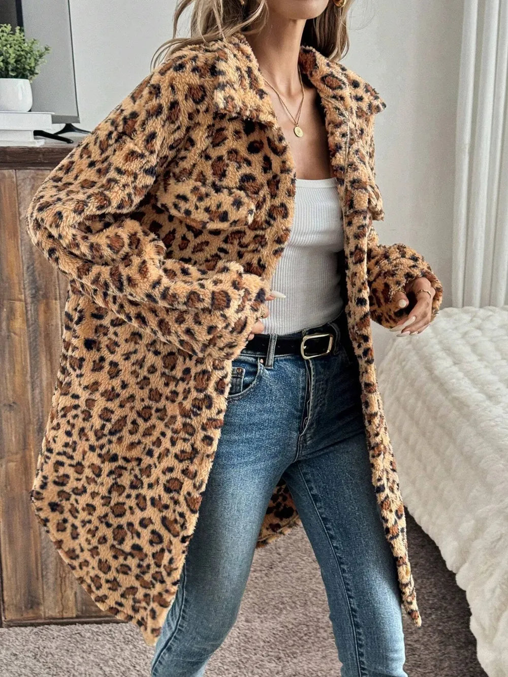 Leopard fuzzy fleece button-up longline coat
