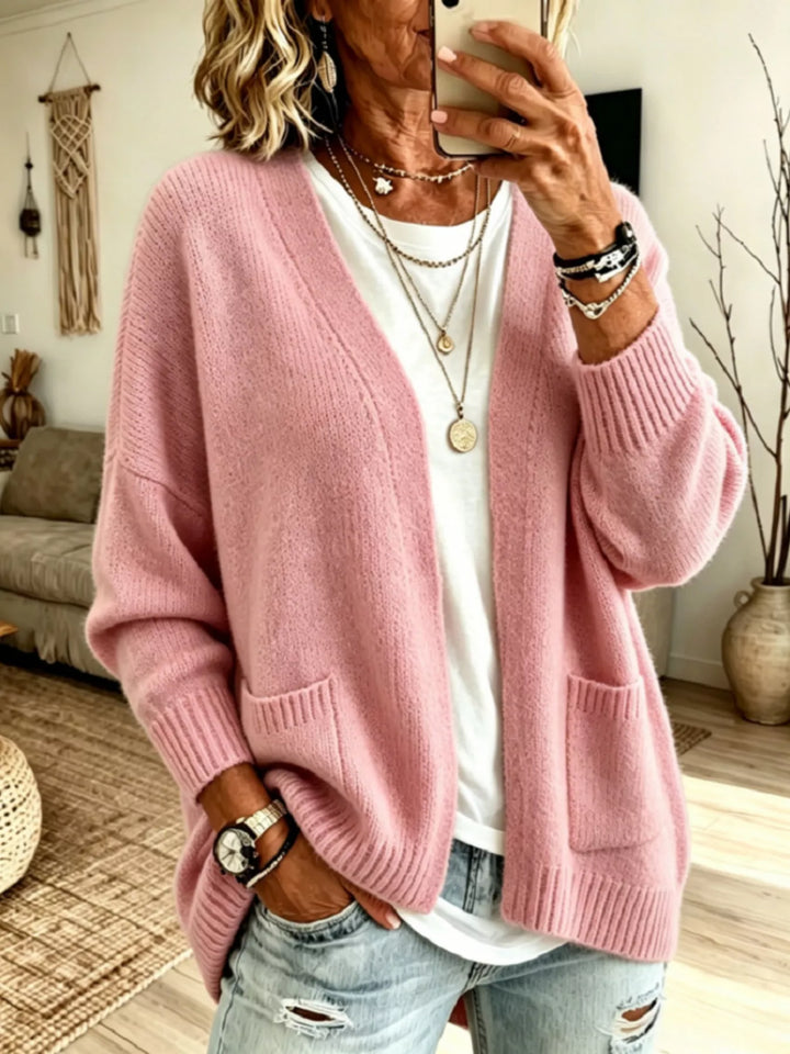Pink Open front knit cardigan with patch pockets and ribbed trim