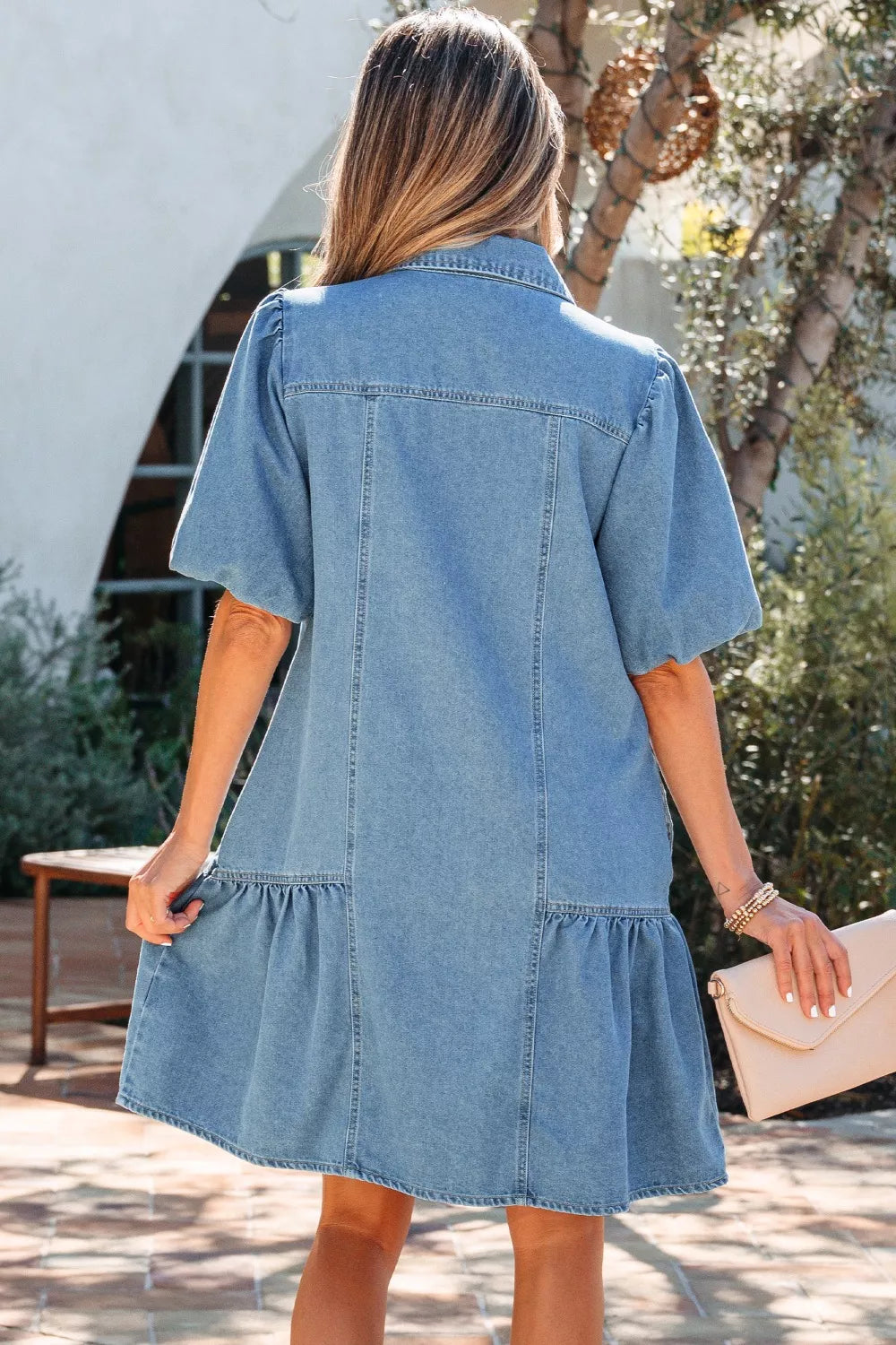 Button-down puff sleeve denim mini dress with ruffle hem
