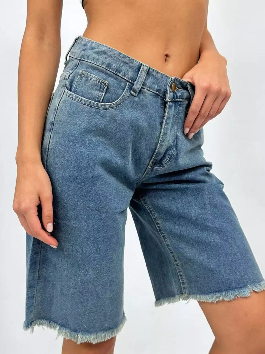 Frayed hem mid-rise relaxed Bermuda denim shorts