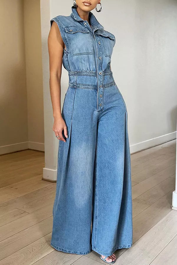 Blue Sleeveless wide-leg denim jumpsuit with button front