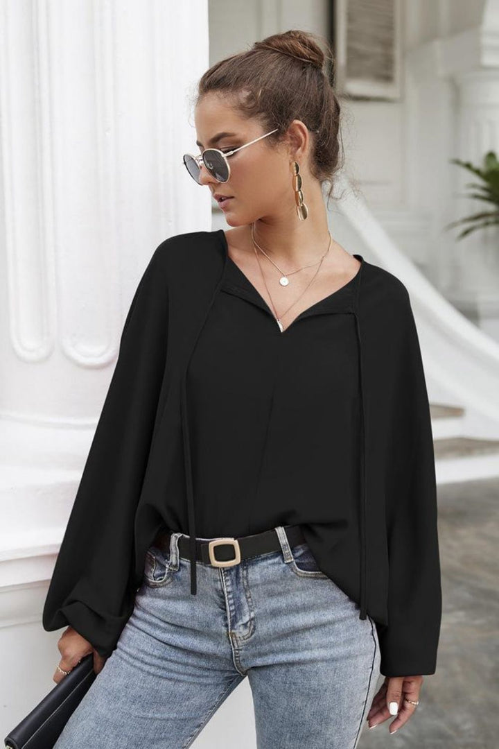 Balloon sleeve tie-neck blouse with keyhole front