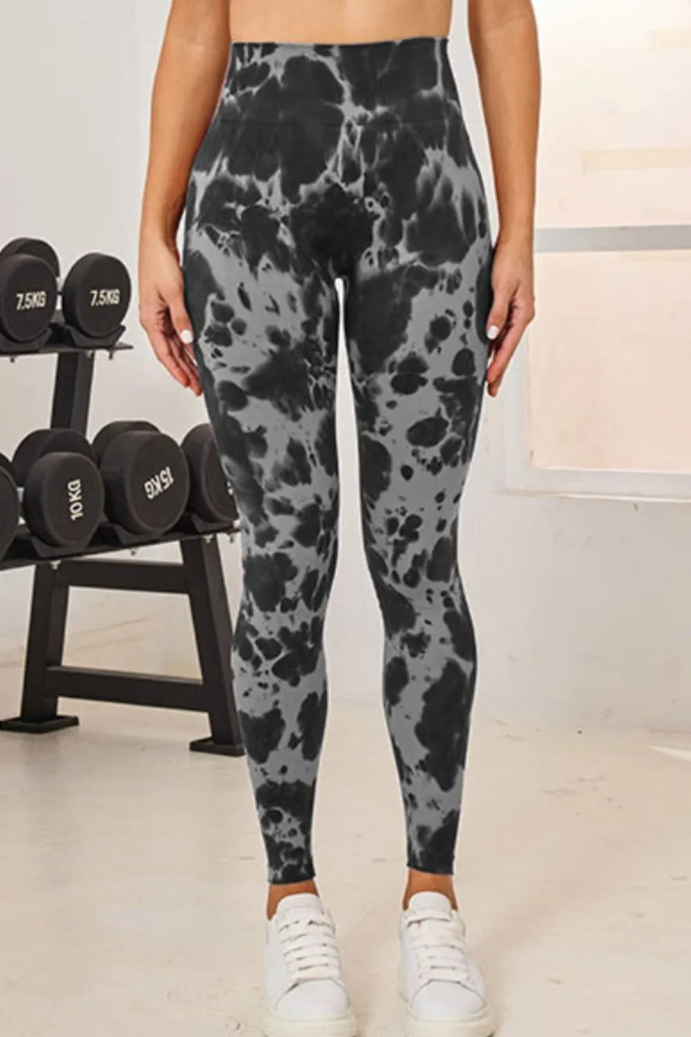 Black Tie-dye high-waist active leggings with wide waistband