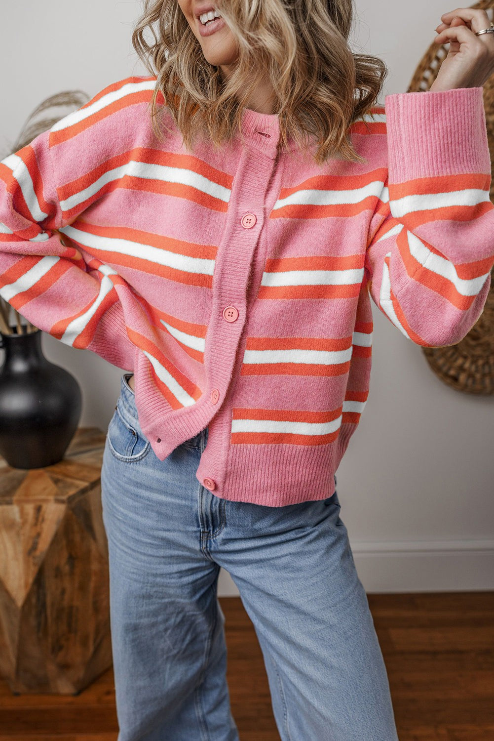 Striped drop-shoulder button-front knit cardigan - Pink Stripe