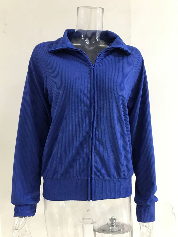 Ribbed knit zip-up cardigan with collar and pockets