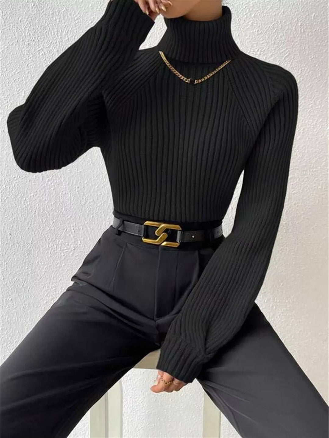 Ribbed knit turtleneck sweater with fitted long sleeves