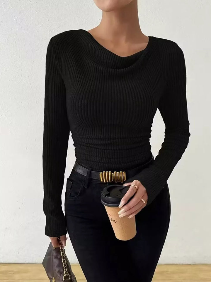 Ruched cowl neck ribbed knit long sleeve top