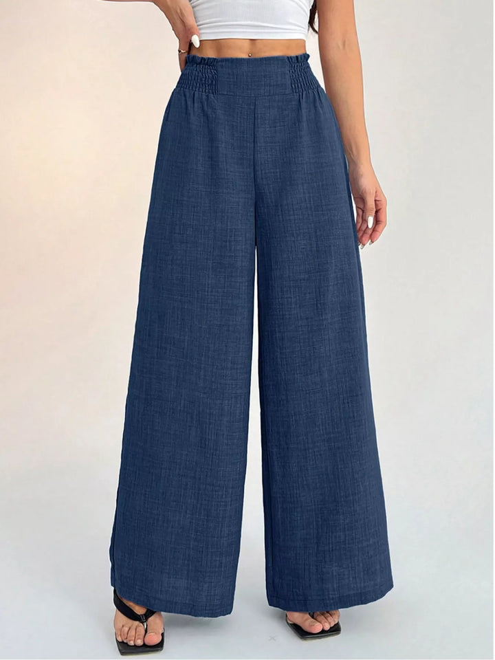 High-rise wide leg pants with smocked waistband