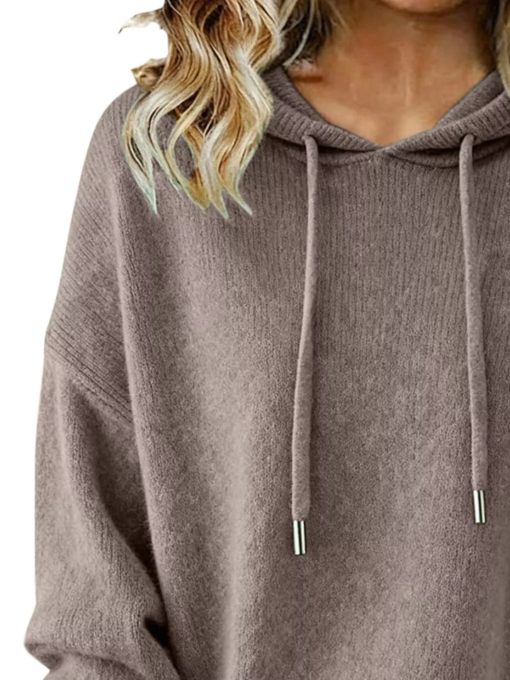 Drawstring hooded knit sweater with ribbed cuffs