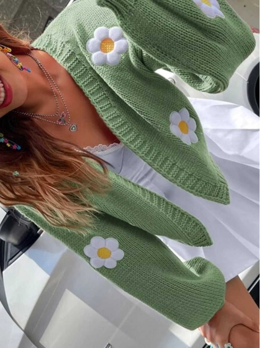 Daisy appliqué open front chunky knit cardigan