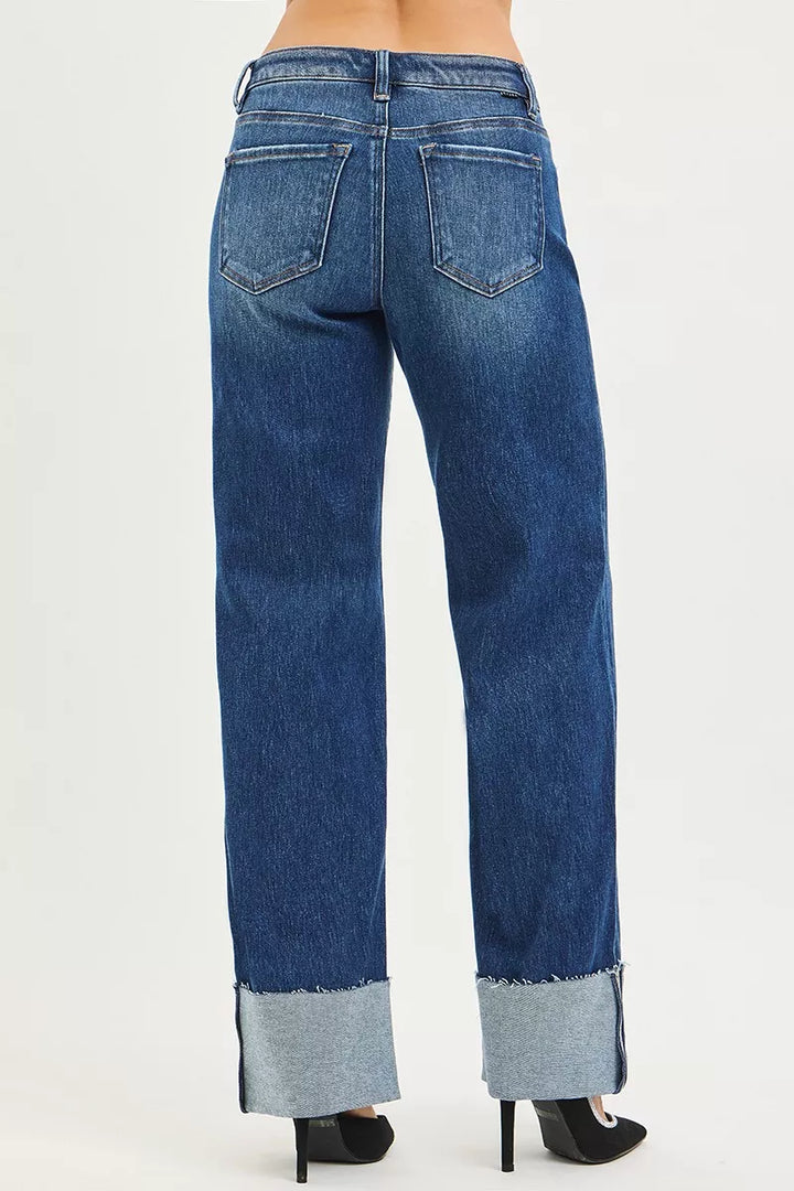Mid-rise wide straight jeans with cuffed raw hem