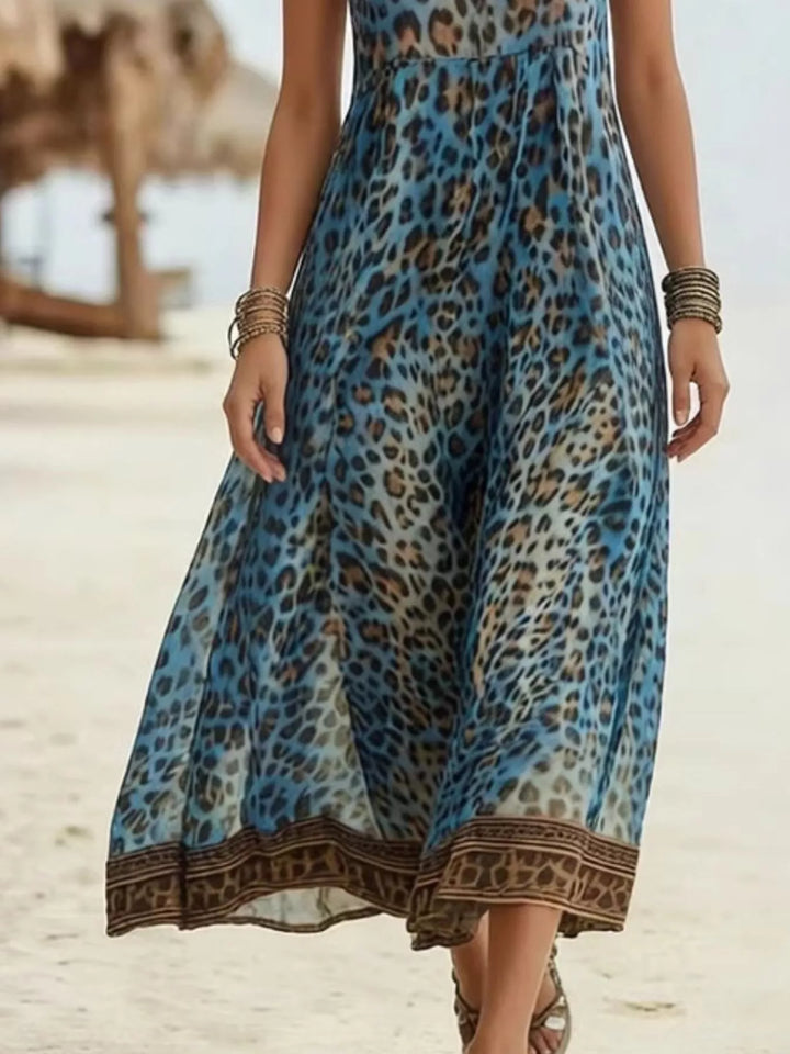 Leopard print v-neck maxi dress with border trim