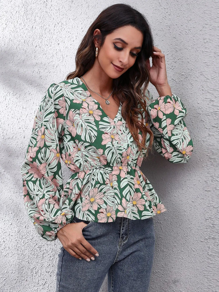 Floral v-neck peplum blouse with balloon sleeves
