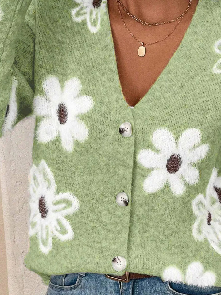 Fuzzy floral knit button-up V-neck cardigan