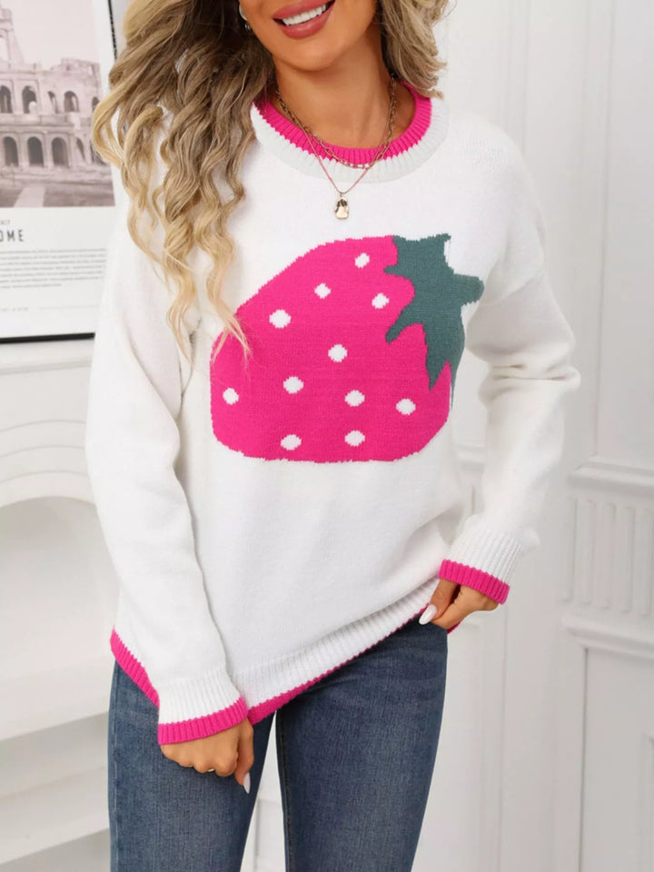 Strawberry graphic crew neck knit sweater