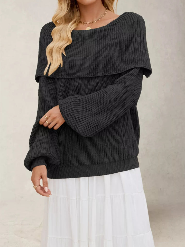 Black Off-shoulder ribbed knit sweater with foldover collar