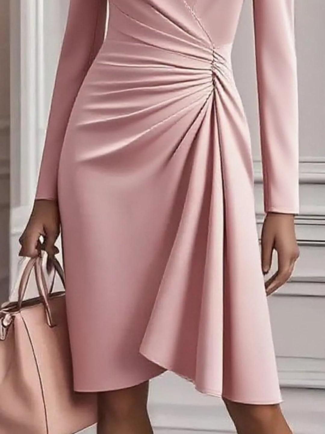 Ruched surplice long sleeve midi dress with asymmetric hem