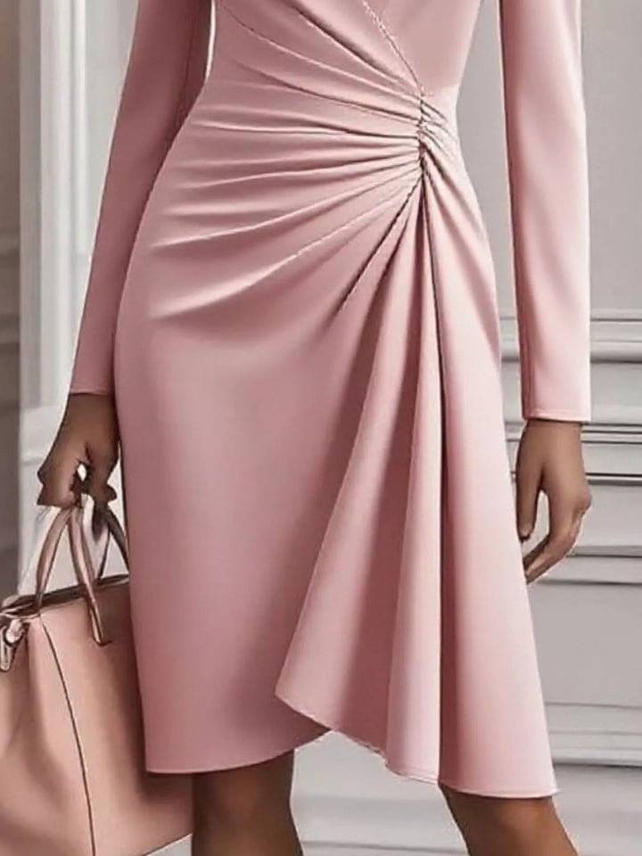 Ruched surplice long sleeve midi dress with asymmetric hem
