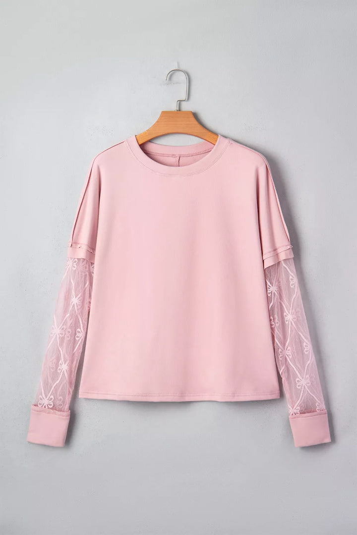 Crew neck top with bow-embroidered sheer lace sleeves