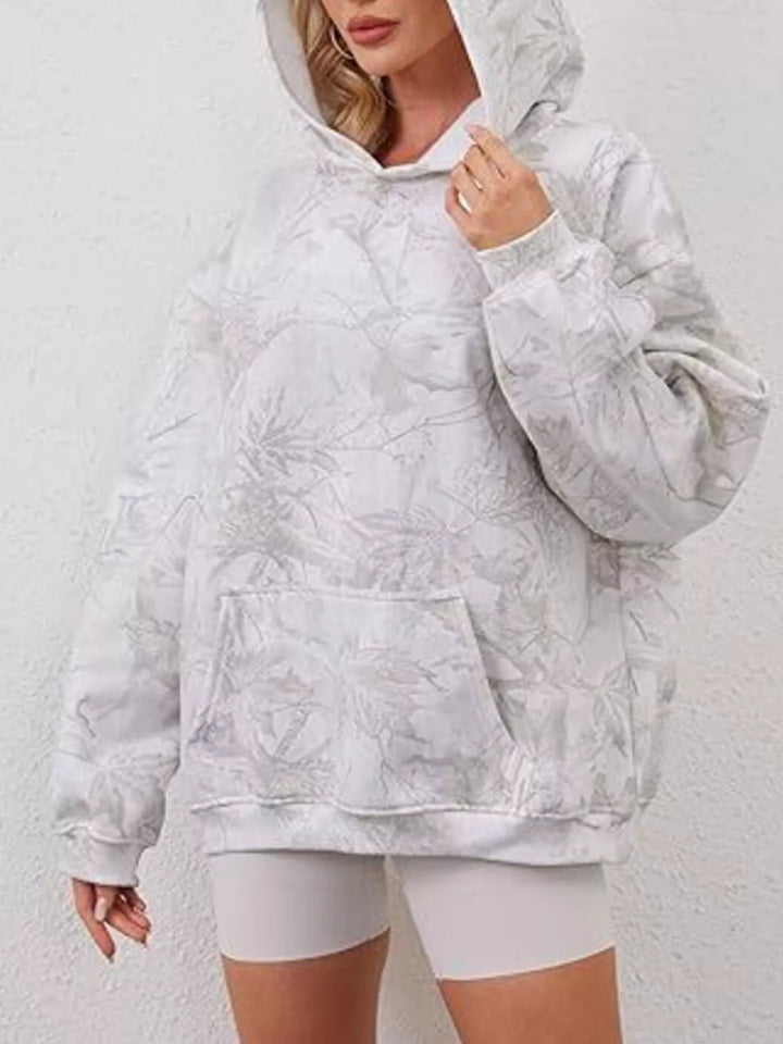 Oversized leaf print pullover hoodie with kangaroo pocket