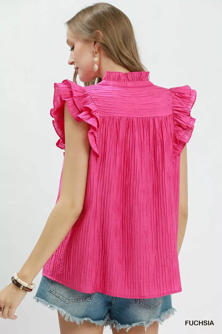 Textured split V-neck blouse with ruffle cap sleeves