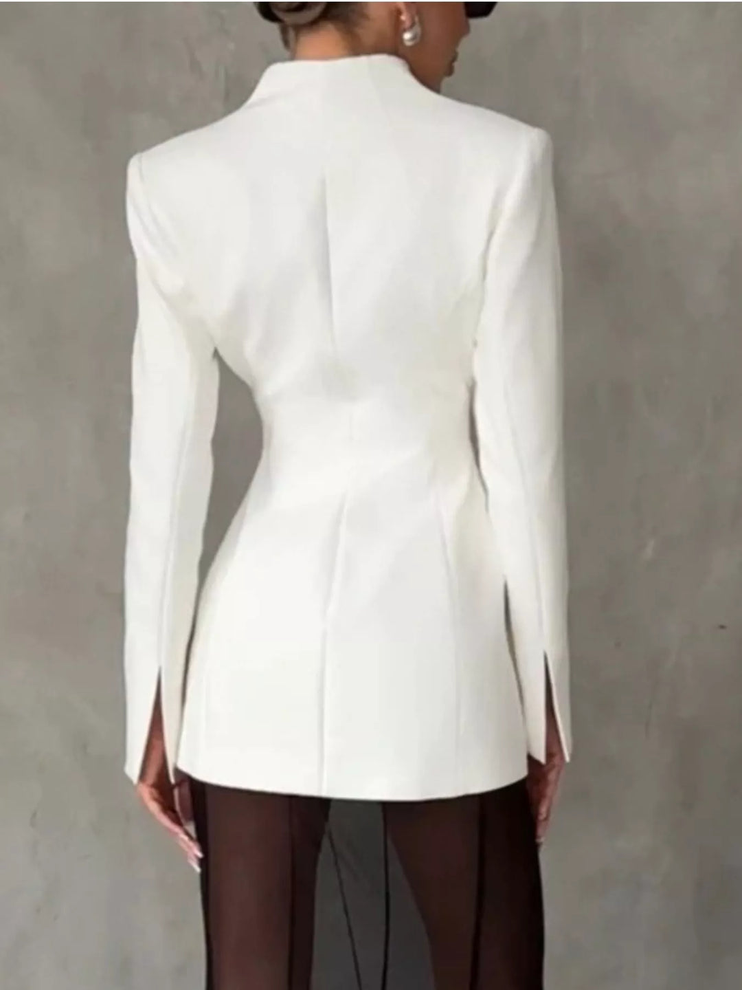Collarless wrap-front blazer with cinched pleated waist